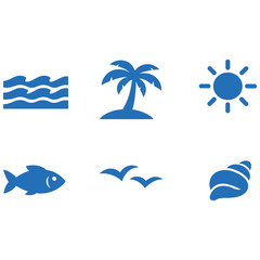 Obraz premium tropical sea and beach vector icon set with island sun ocean waves palm trees and travel summer nature symbols
