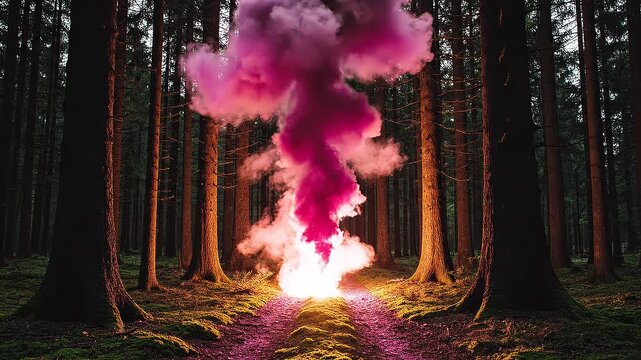 A pink explosion of smoke on a forest path