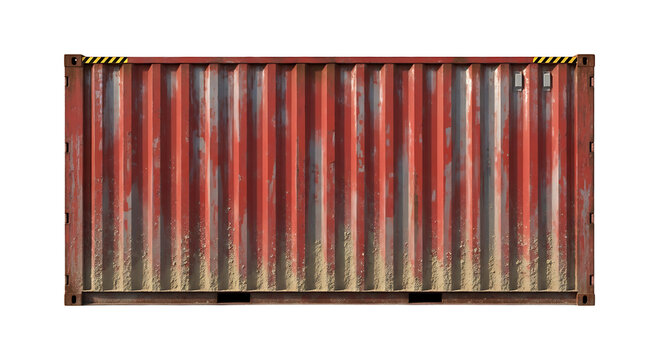 A weathered red metal shipping container isolated on white background.
