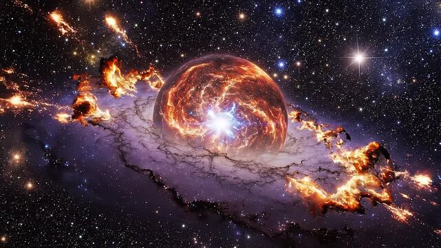 A swirling galaxy core explodes in a starry cosmic space