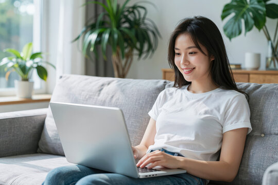 Woman using laptop working sitting on sofa in livignroom with plant tree background