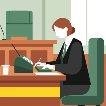 A professional court reporter sits at a desk typing on a stenography machine