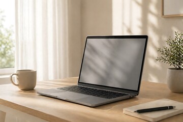Fototapeta premium A modern laptop sits open on a wooden desk next to a coffee mug and a notebook, bathed in soft natural light filtering through a window.