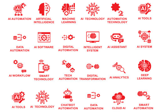 AI tools and automation icon set featuring artificial intelligence, machine learning, deep learning, chatbot, neural network, smart technology, and digital transformation symbols.