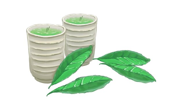 Hand-drawn Japanese green tea in a yunomi cup and fresh tea leaves / 湯呑に入った緑茶と新茶の茶葉の手描きイラスト