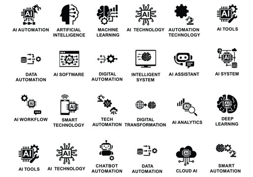 AI tools and automation icon set featuring artificial intelligence, machine learning, deep learning, chatbot, neural network, smart technology, and digital transformation symbols.