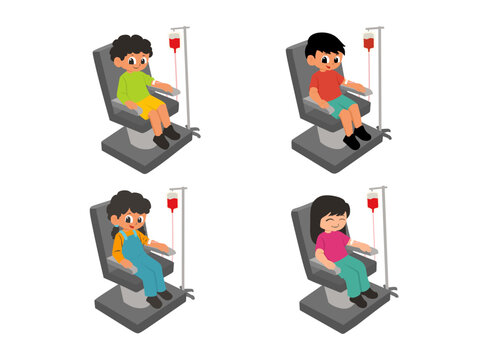 A cartoon character illustration showing a person sitting comfortably and smiling while donating blood. Suitable for World Blood Donor Day campaigns, healthcare awareness, medical education, and