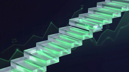 Fototapeta premium Glowing green glass stairs rising over financial stock market chart