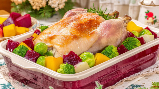 Whole roasted chicken in a baking dish with colorful vegetables like broccoli beets brussels sprouts