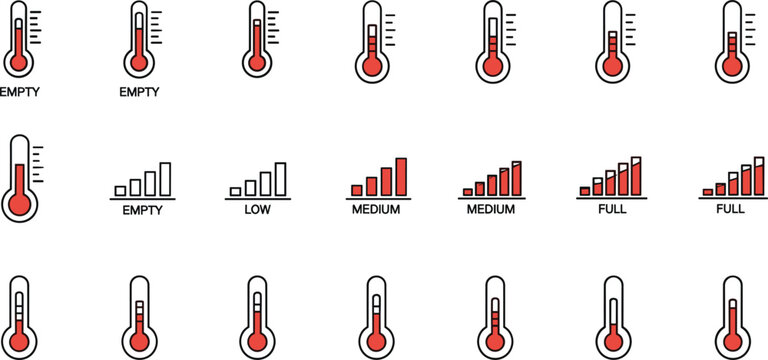 Thermometer Level Indicators with Empty, Low, Medium, and Full Stages, Minimal Temperature Gauge Icon Set for Monitoring, Analytics, and UI Design