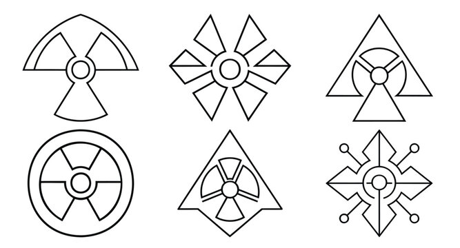 Set of radiation symbol icons and radioactive hazard signs featuring diverse geometric shapes lines and minimalist black designs.