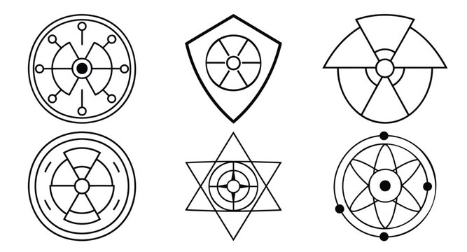 Collection of atomic energy and nuclear hazard symbols with shields circles and star patterns in bold black line vector art style.