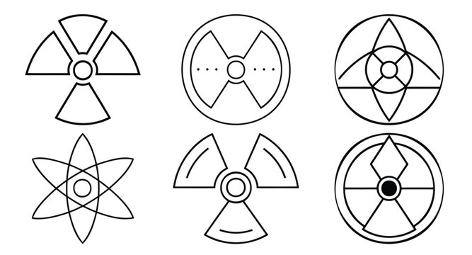 Vector icon set of radiation warning symbols mixed with abstract geometric shapes like circles and triangular hazard patterns.