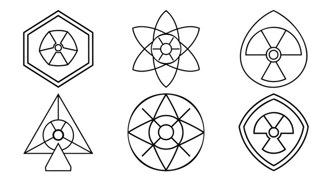 Vector illustration set featuring radioactive hazard symbols inside hexagons circles and shield shapes with atomic geometry.