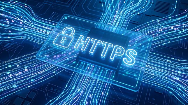 Glowing padlock icon with HTTPS text on transparent board over abstract digital network circuits and flowing binary code, symbolizing online security, data encryption, and safe internet connection
