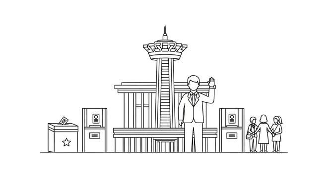 Seattle Space Needle and Voting Booths Illustration Depicting Democracy.