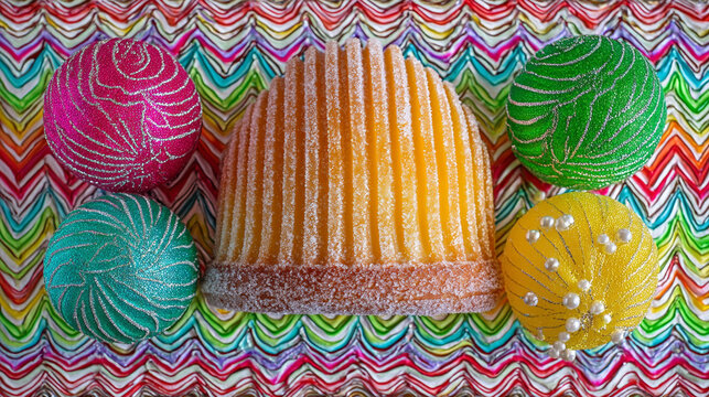 Assortment of colorful sweet jelly candies on a zig zag patterned background with sweet tooth
