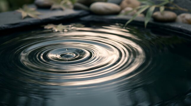 Zen Water Ripple Surface with Soft Light Reflection and Stone Edge Background