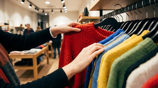 Close-up of hands browsing colorful knitted sweaters on hangers in a modern boutique retail store, representing fashion choices and seasonal shopping