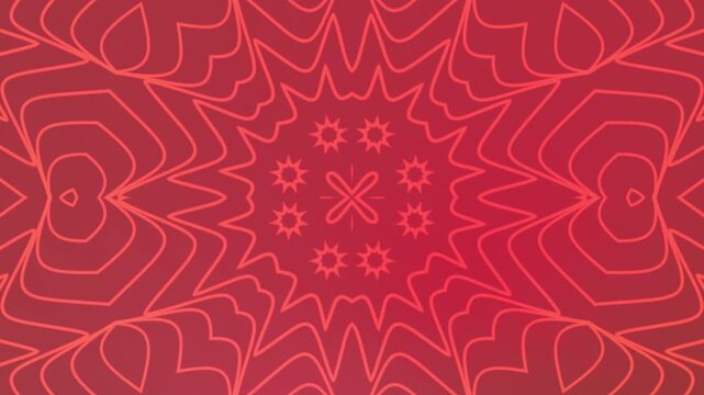 Symmetrical red kaleidoscope overlay design for backgrounds, prints, textiles, packaging, and abstract graphic projects requiring vibrant patterns with symmetry.