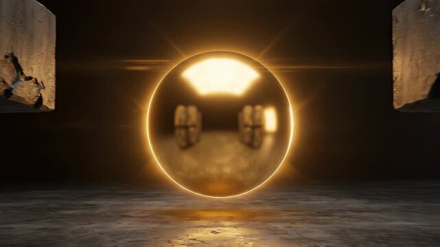 Concrete block tunnel corridor in dark room, golden light glowing sphere, cracked split stone wall abstract futuristic 3d render texture background
