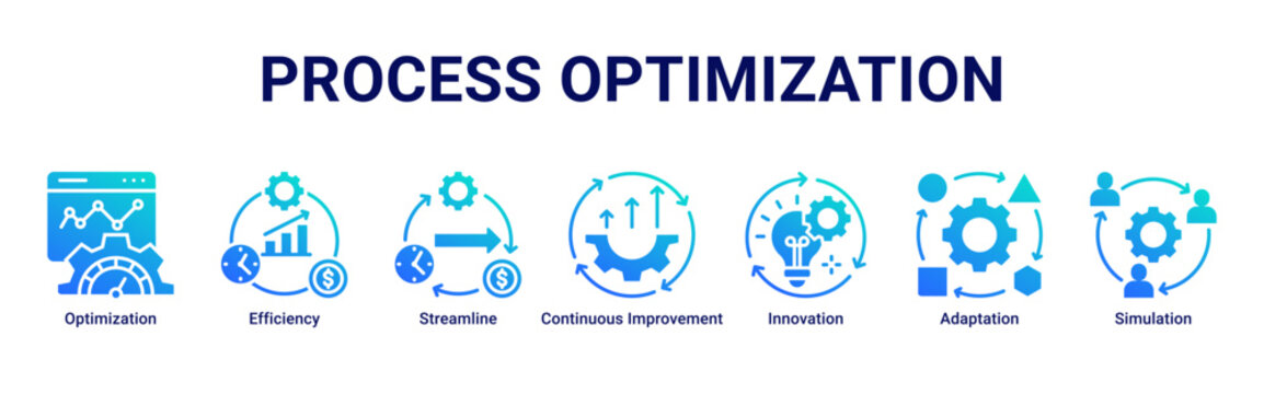 Process Optimization web banner icon vector illustration featuring Optimization, Efficiency, Streamline, Continuous Improvement, Innovation, Adaptation and Simulation