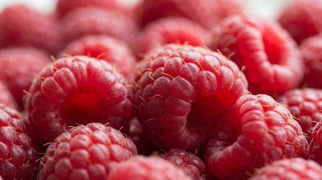Vibrant macro photography of ripe, juicy raspberries with delicate fuzzy textures and golden filaments, showcased in tight focus, representing natural sweetness, healthy eating