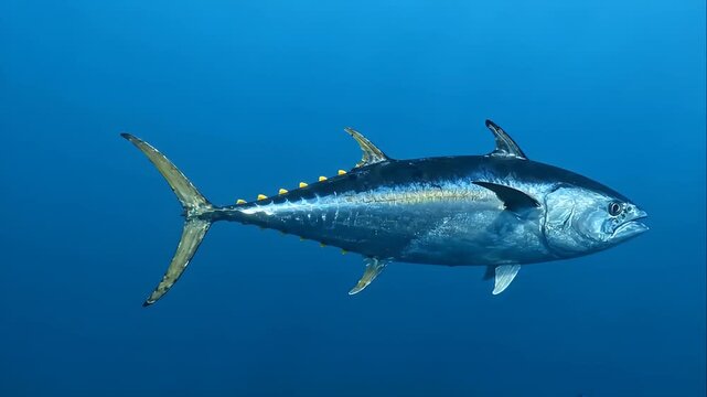 A powerful yellowfin tuna swims through the deep blue water of the open ocean showing its sleek body.