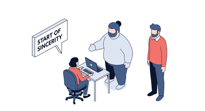 Isometric illustration of a business team discussing sincerity in the workplace.