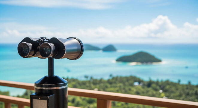 Tourist binoculars overlooking tropical islands and turquoise sea