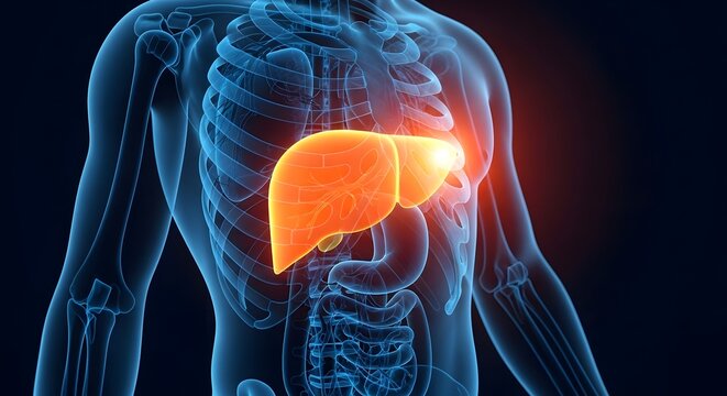 Anatomical illustration of the human liver highlighted in orange