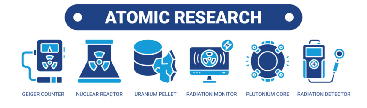 Atomic Research web banner icon vector illustration concept with icons of geiger counter, nuclear reactor, uranium pellet, radiation monitor, plutonium core, and radiation detector. 