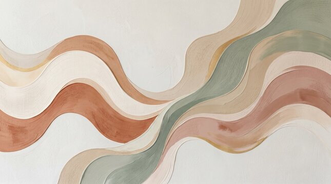 Abstract painting featuring smooth flowing waves of warm earth tones and soft sage green brushstrokes on textured white canvas