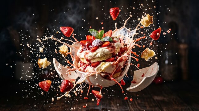 Delicious strawberry shortcake exploding from a white ceramic bowl with creamy frosting flying in every single direction imaginable here