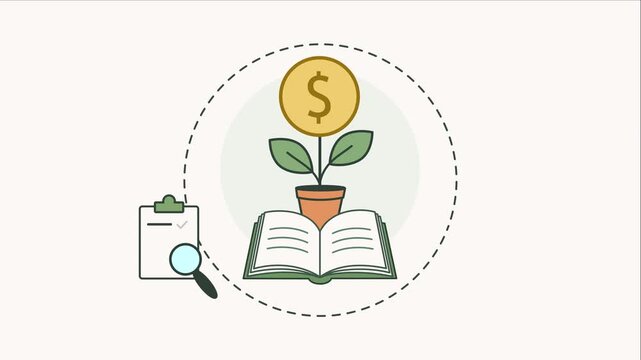 Animated financial education concept showing saving, budgeting and investment growth cycle. Looping vector style video with icons representing money management and wealth building.