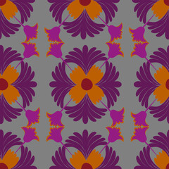 Obraz premium Minimalist hand-drawn gray backdrop showcasing intricate purple floral ornaments in a stylish symmetrical arrangement.