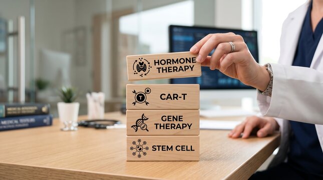 Doctor places wooden block with Hormone Therapy text onto stack representing advanced medical treatments including CART and Gene Therapy