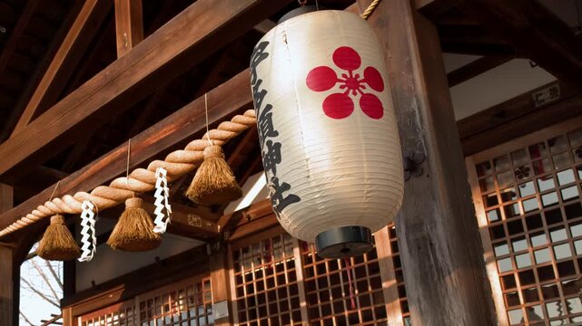 Traditional Paper Lantern and Shimenawa Rope at Utasu Shrine in Kanazawa
