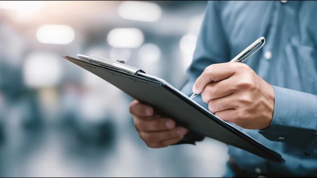 Warehouse manager writing on a clipboard, checking inventory and taking notes in a large warehouse
