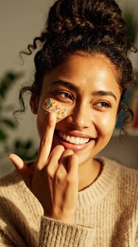 Bicultural girl shows band aid on her face while smiling at home in cozy setting with soft light