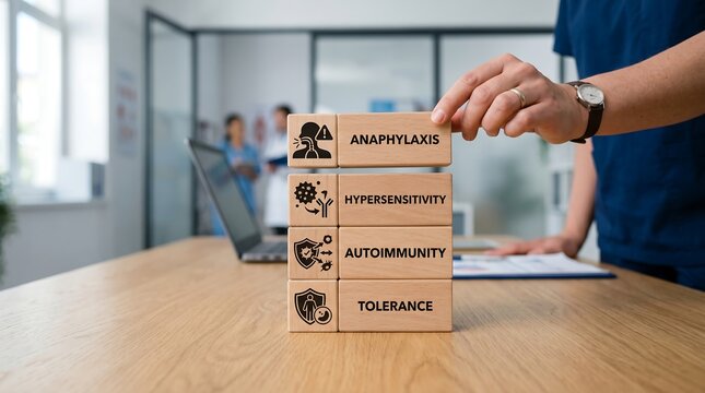Doctors hand places wooden block with anaphylaxis illustration and text on stack of blocks representing medical concepts