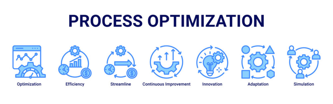 Process Optimization web banner icon vector illustration featuring Optimization, Efficiency, Streamline, Continuous Improvement, Innovation, Adaptation and Simulation