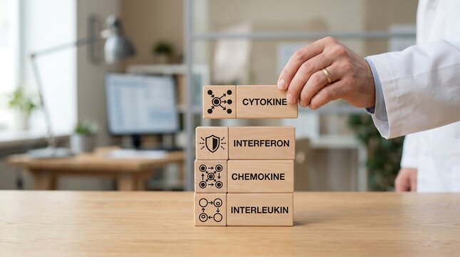 Doctors hand placing wooden blocks with scientific terms like cytokine and interferon representing medical research and understanding
