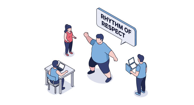 Isometric illustration of people and speech bubble with text.