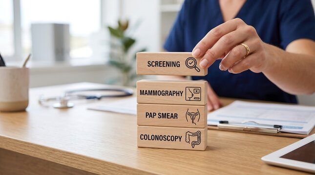 Doctors hand stacking wooden blocks with medical screening terms like mammography pap smear and colonoscopy for health awareness