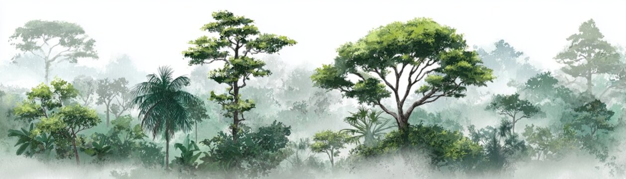 Misty tropical forest with diverse trees and dense greenery, evoking a serene and natural environment.