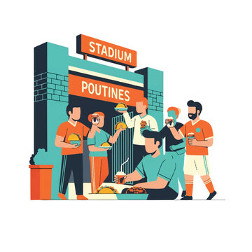 Minimalist vector of soccer fans sharing street food like tacos and poutine near a stadium entrance. Flat character design, vibrant community atmosphere. Palette of orange, teal, cream, and dark