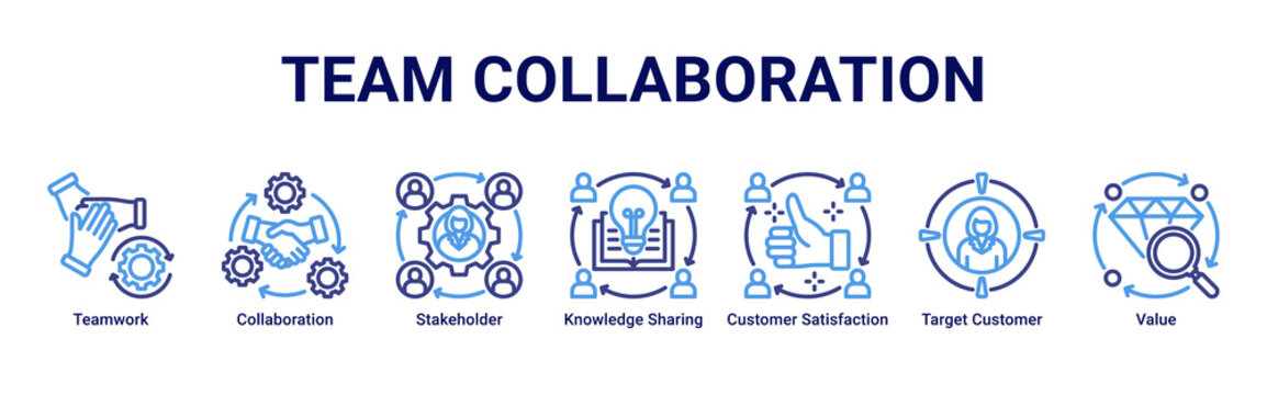 Team Collaboration web banner icon vector illustration featuring Teamwork, Collaboration, Stakeholder, Knowledge Sharing, Customer Satisfaction, Target Customer and Value