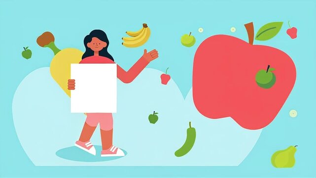 Woman holding blank sign with fruits