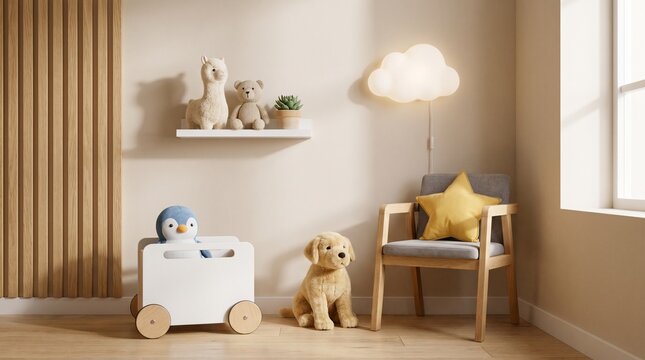 Cozy modern nursery interior with plush toys, cloud lamp, wooden chair, star pillow and toy cart in warm beige room